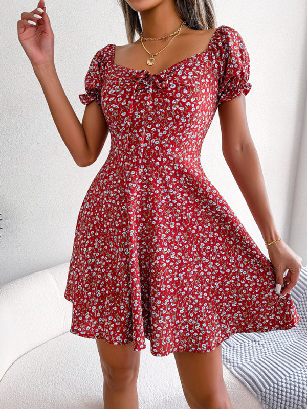 Casual Bell Sleeve Drawstring Tie Floral Swing Mini Dress-TOPS / DRESSES-[Adult]-[Female]-2022 Online Blue Zone Planet