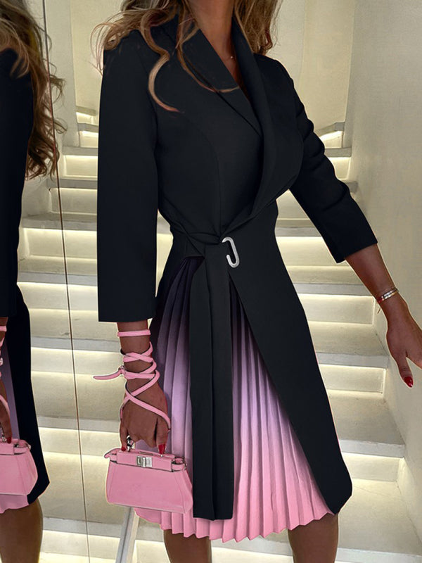V-neck fashion tie waist mid-sleeve pleated suit dress BLUE ZONE PLANET
