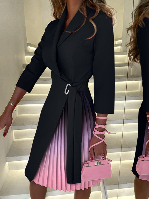 V-neck fashion tie waist mid-sleeve pleated suit dress BLUE ZONE PLANET
