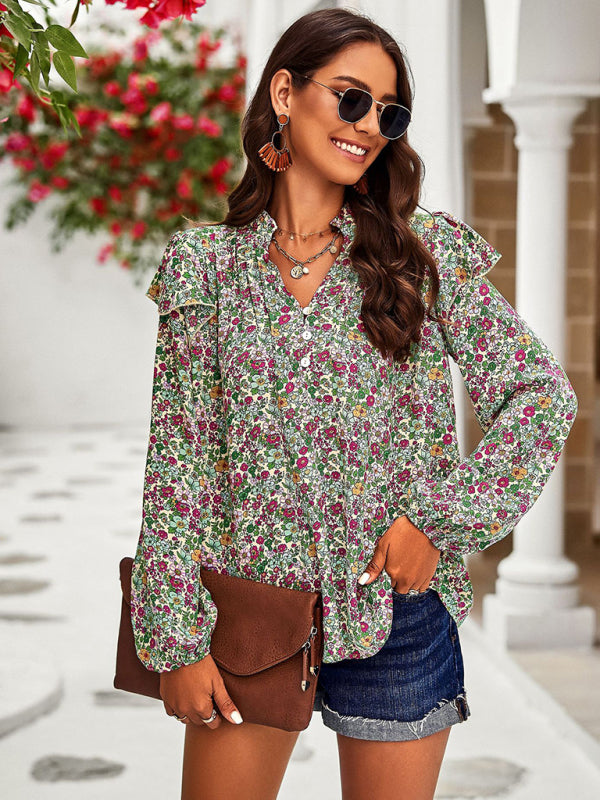 Blue Zone Planet |  plant floral print long-sleeved shirt top BLUE ZONE PLANET