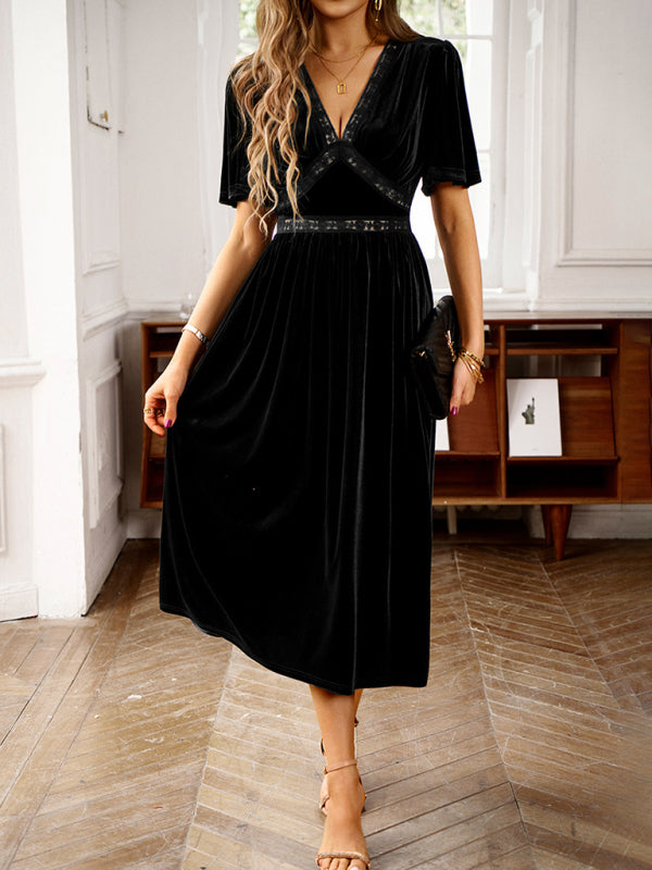 New elegant V-neck short-sleeved velvet dress kakaclo