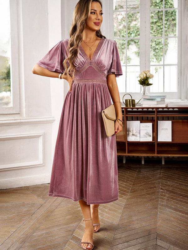 New elegant V-neck short-sleeved velvet dress kakaclo