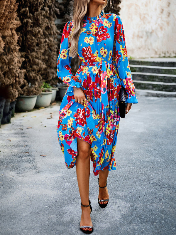 Blue Zone Planet |  Holiday round neck pleated belt printed dress BLUE ZONE PLANET