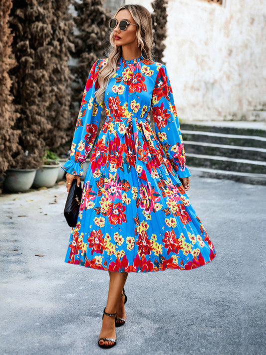 Blue Zone Planet |  Holiday round neck pleated belt printed dress BLUE ZONE PLANET