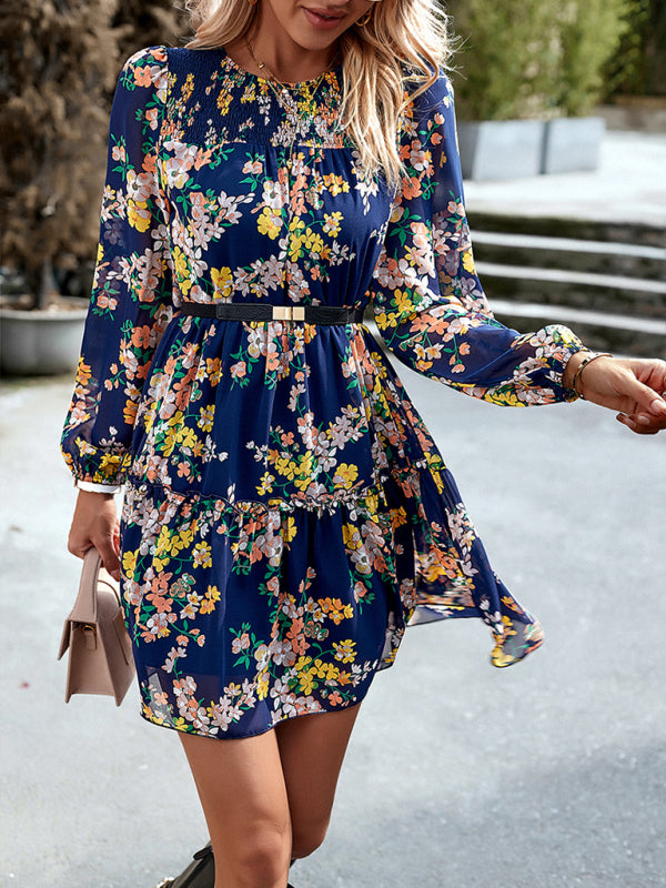 Floral Print Round Neck Skirt Chiffon Layered Dress BLUE ZONE PLANET