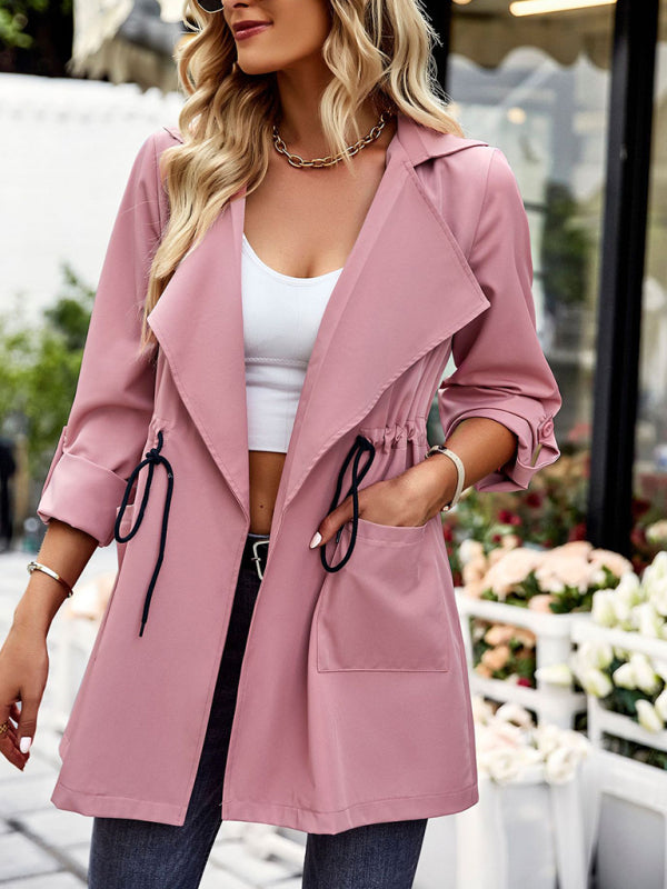 Blue Zone Planet | Women's fashion lapel drawstring trench coat-TOPS / DRESSES-[Adult]-[Female]-Pink-S-2022 Online Blue Zone Planet