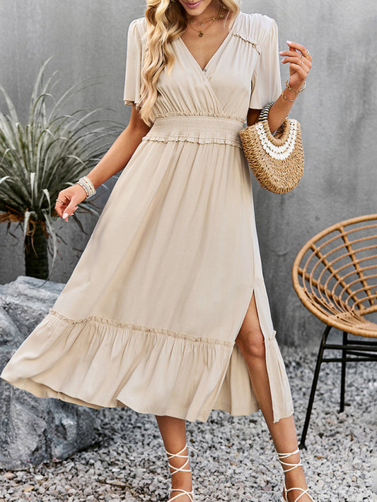 Blue Zone Planet |  V-neck dress elegant waist slit long skirt BLUE ZONE PLANET