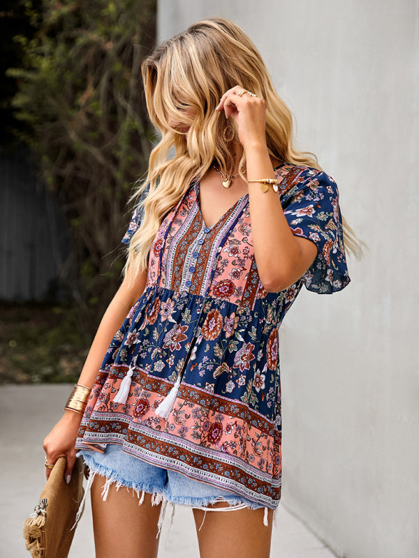 Blue Zone Planet |  Bohemian Print Resort Style Short Sleeve Ladies Top BLUE ZONE PLANET