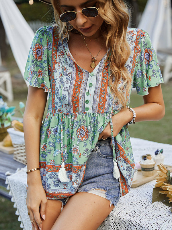 Blue Zone Planet |  Bohemian Print Resort Style Short Sleeve Ladies Top BLUE ZONE PLANET