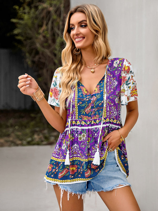 Blue Zone Planet |  Bohemian Print Resort Style Short Sleeve Ladies Top BLUE ZONE PLANET