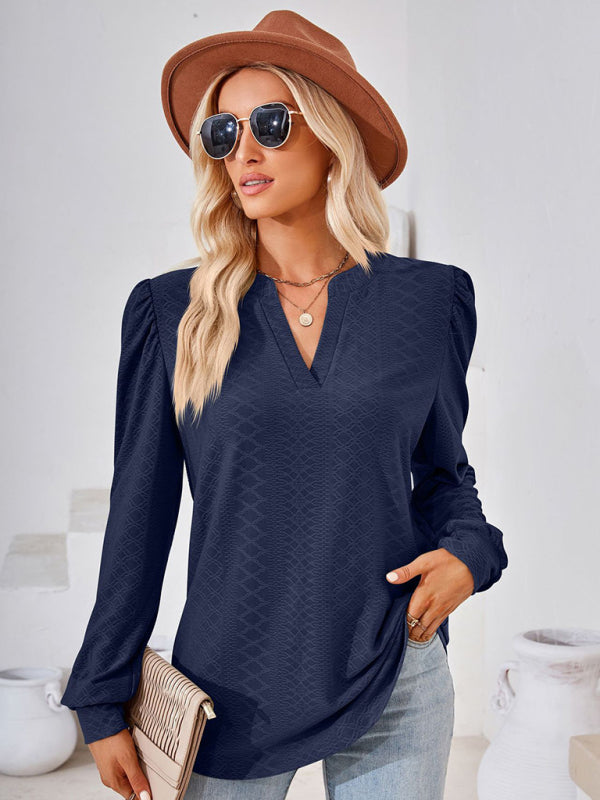 V Neck Jacquard Long Sleeve Loose T-Shirt Top Ladies BLUE ZONE PLANET