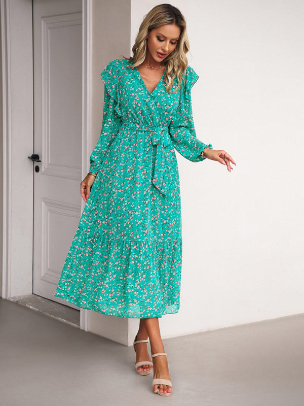 Fashion Floral V-neck Long Sleeve Dress-[Adult]-[Female]-2022 Online Blue Zone Planet