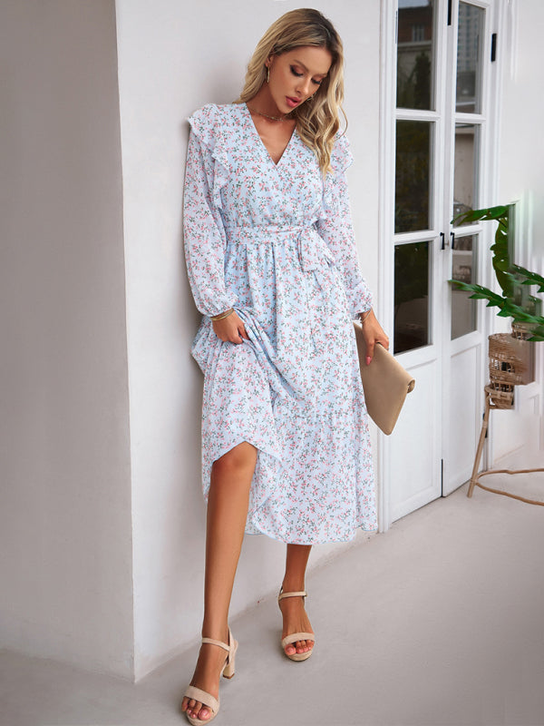 Fashion Floral V-neck Long Sleeve Dress-[Adult]-[Female]-2022 Online Blue Zone Planet