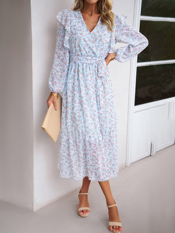 Fashion Floral V-neck Long Sleeve Dress-[Adult]-[Female]-2022 Online Blue Zone Planet