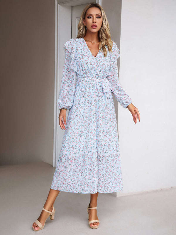 Fashion Floral V-neck Long Sleeve Dress-[Adult]-[Female]-Green-S-2022 Online Blue Zone Planet