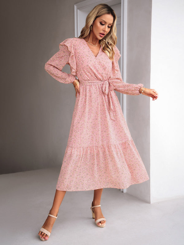 Fashion Floral V-neck Long Sleeve Dress-[Adult]-[Female]-2022 Online Blue Zone Planet
