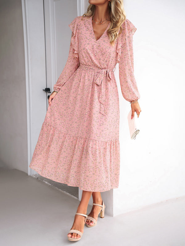 Fashion Floral V-neck Long Sleeve Dress-[Adult]-[Female]-2022 Online Blue Zone Planet
