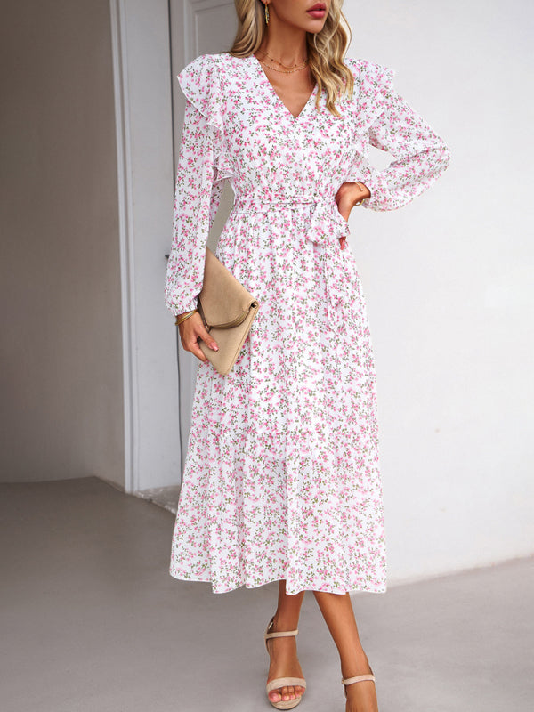 Fashion Floral V-neck Long Sleeve Dress-[Adult]-[Female]-2022 Online Blue Zone Planet