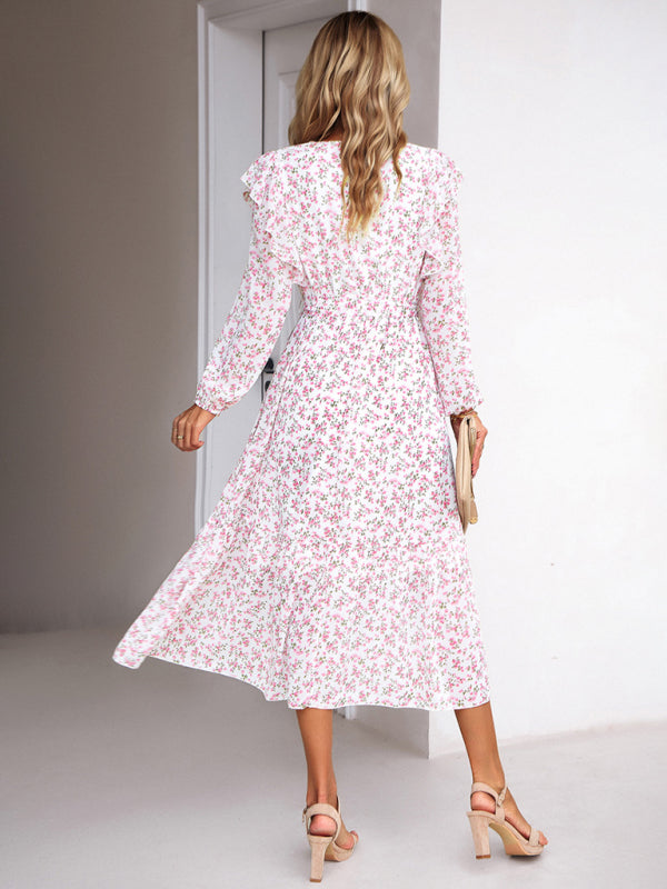 Fashion Floral V-neck Long Sleeve Dress-[Adult]-[Female]-2022 Online Blue Zone Planet