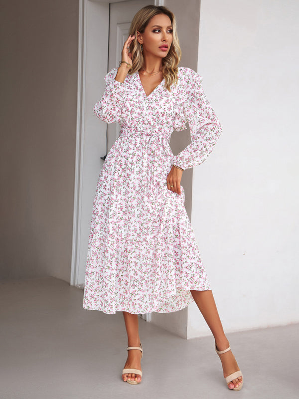Fashion Floral V-neck Long Sleeve Dress-[Adult]-[Female]-2022 Online Blue Zone Planet