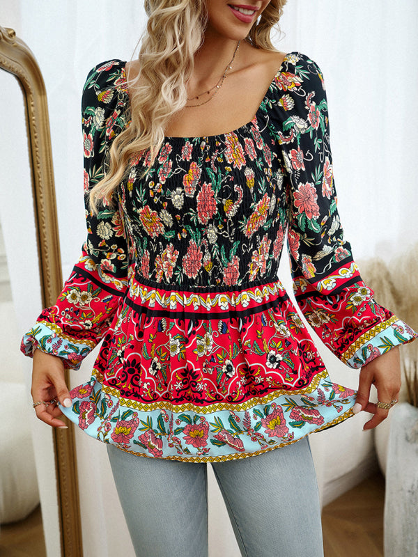 Floral Square Neck Long Sleeve Top BLUE ZONE PLANET