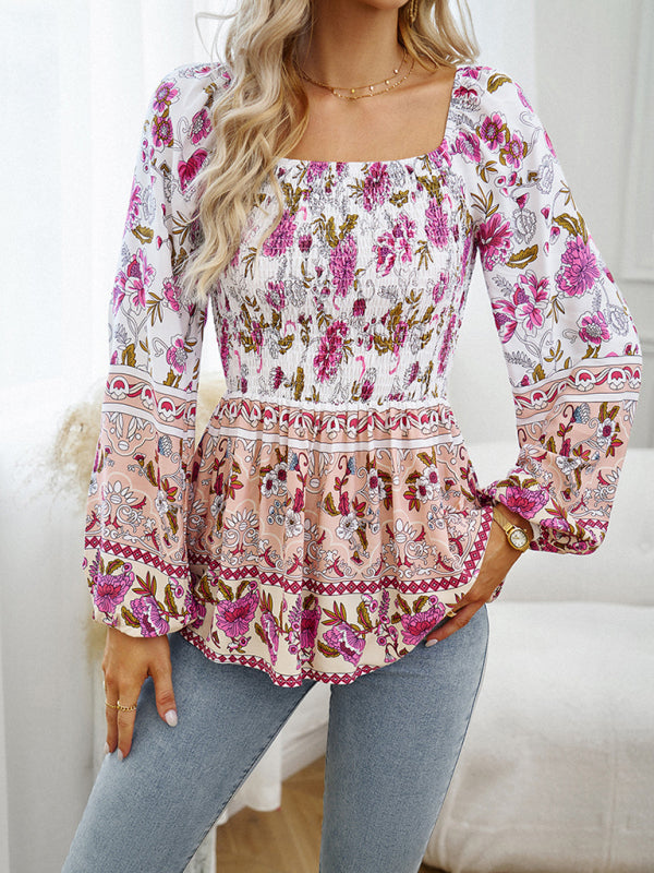 Floral Square Neck Long Sleeve Top BLUE ZONE PLANET