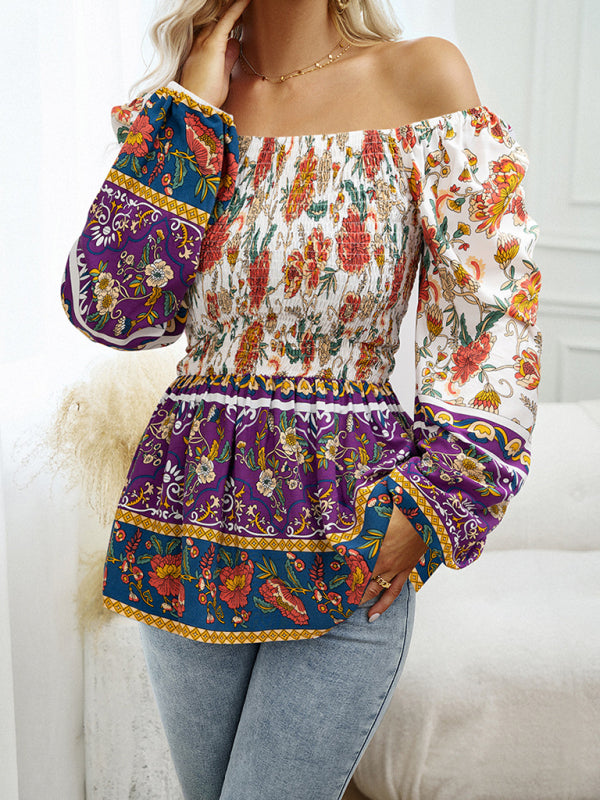 Floral Square Neck Long Sleeve Top BLUE ZONE PLANET