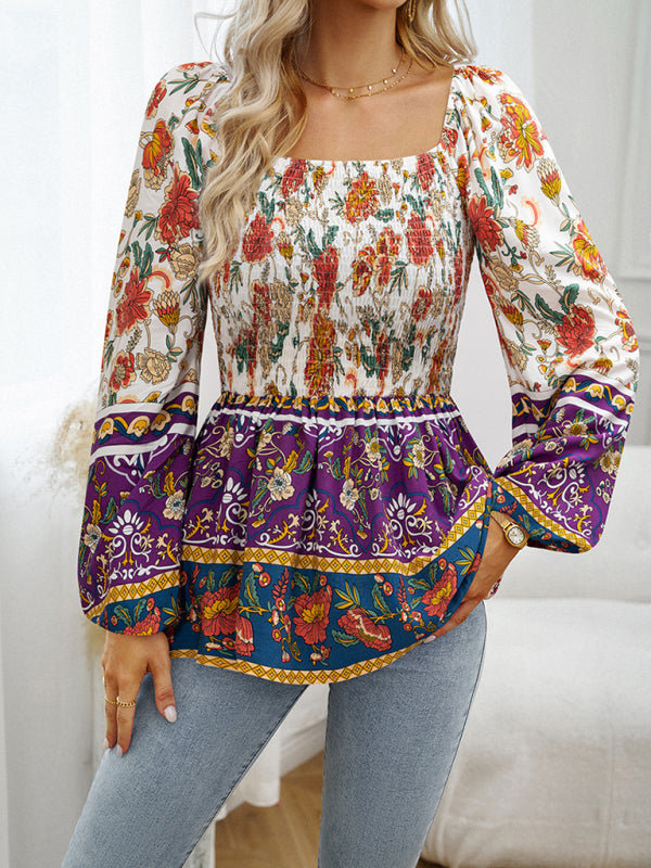Floral Square Neck Long Sleeve Top BLUE ZONE PLANET