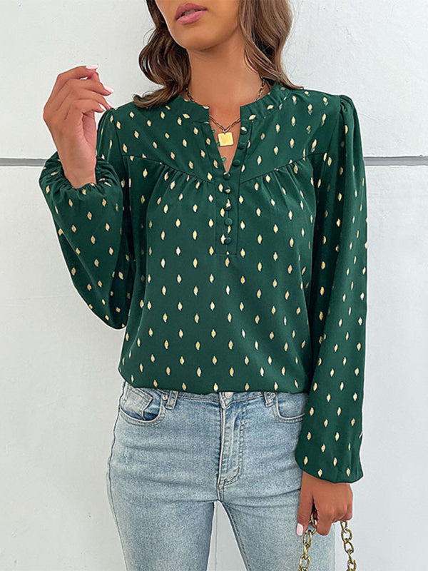Fashion Long Sleeve V Open Collar Bronzing Shirt kakaclo