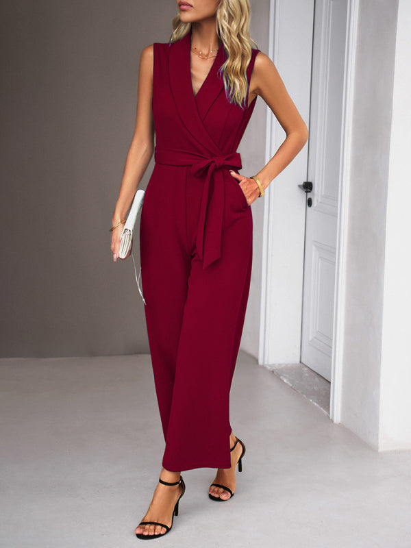 elegant V-neck tie commuter sleeveless jumpsuit kakaclo