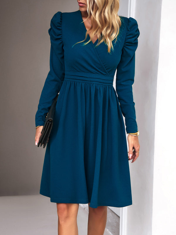 Ladies Fashion Elegant Solid Color V-neck Long Sleeve Dress BLUE ZONE PLANET