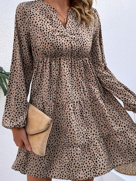 Pleated leopard-print puff-sleeved long-sleeved layered skirt dress kakaclo
