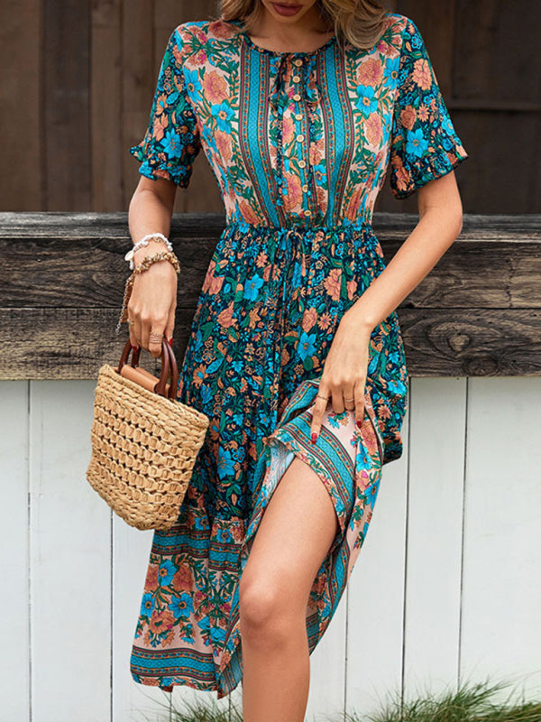 Bohemian Print Button Tie Knee-Length Dress-TOPS / DRESSES-[Adult]-[Female]-Purplish blue navy-S-2022 Online Blue Zone Planet