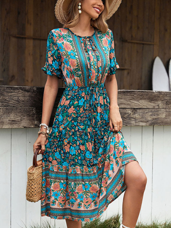 Bohemian Print Button Tie Knee-Length Dress-TOPS / DRESSES-[Adult]-[Female]-2022 Online Blue Zone Planet