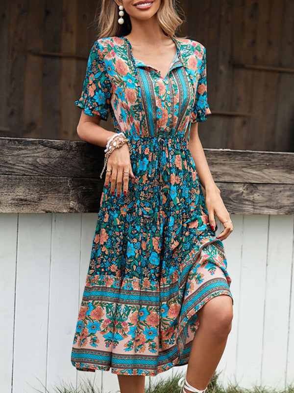 Bohemian Print Button Tie Knee-Length Dress-TOPS / DRESSES-[Adult]-[Female]-2022 Online Blue Zone Planet