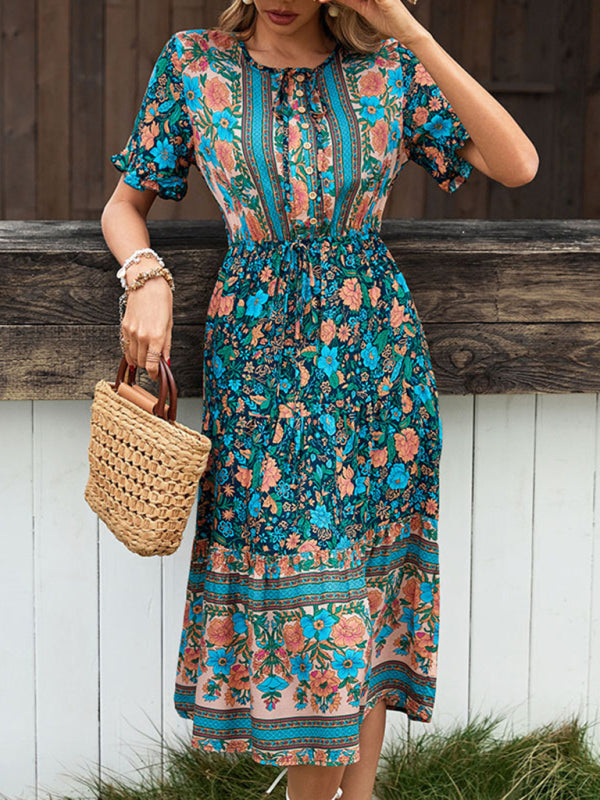 Bohemian Print Button Tie Knee-Length Dress-TOPS / DRESSES-[Adult]-[Female]-2022 Online Blue Zone Planet