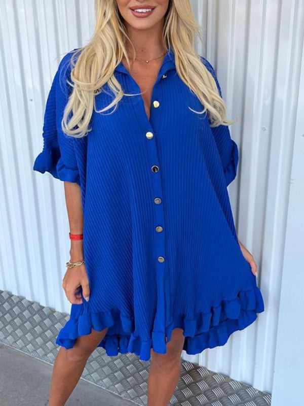 Blue Zone Planet |  New Solid Color Shirt Dress Ruffle Sleeve Irregular Shirt Dress kakaclo