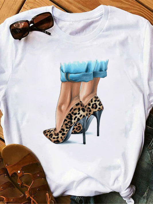 Blue Zone Planet |  sexy leopard print lips t-shirt round neck short-sleeved T-shirt women's top kakaclo