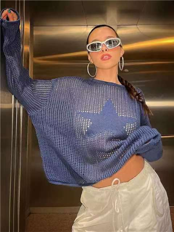Viviene's cutout jacquard five-pointed star long-sleeved sweater BLUE ZONE PLANET