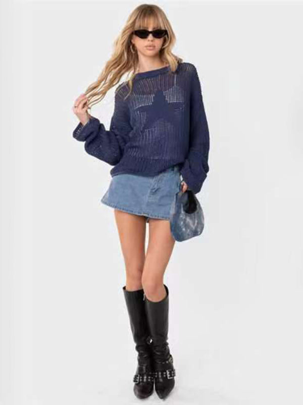 Viviene's cutout jacquard five-pointed star long-sleeved sweater BLUE ZONE PLANET