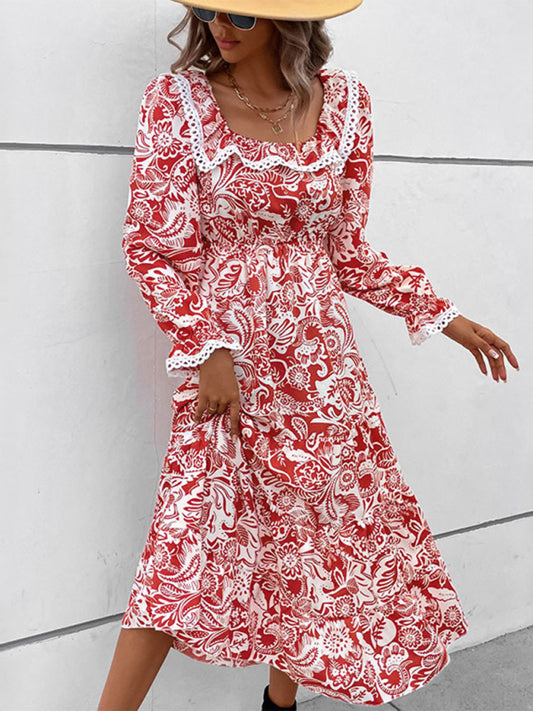 Long Sleeve Paisley Printed Midi Dress-TOPS / DRESSES-[Adult]-[Female]-Red-XS-2022 Online Blue Zone Planet