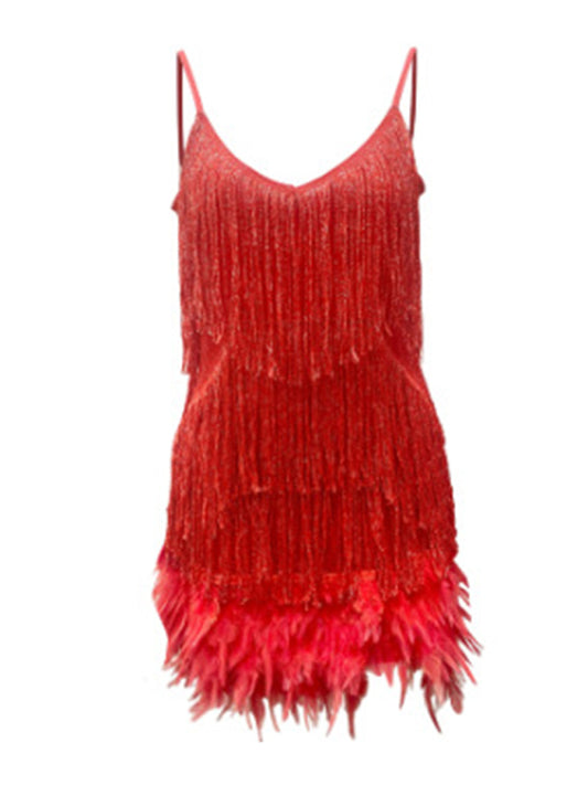 V Neck Spaghetti Strap Feather Stitching Gown Dress kakaclo