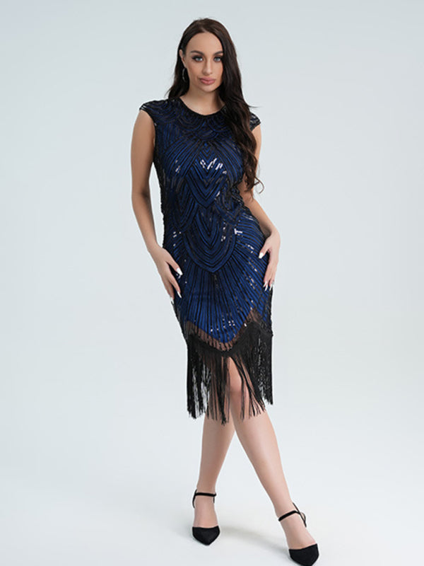 Retro sequin fringe skirt toast dress dress party dance party holiday dress BLUE ZONE PLANET