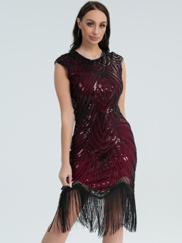 Retro sequin fringe skirt toast dress dress party dance party holiday dress BLUE ZONE PLANET