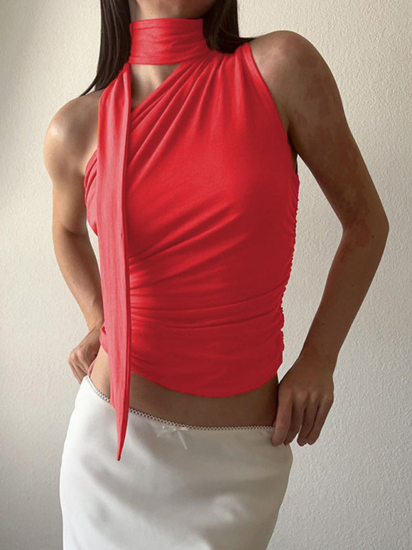 all-match slim-fit one-shoulder streamer design solid color sleeveless vest top kakaclo