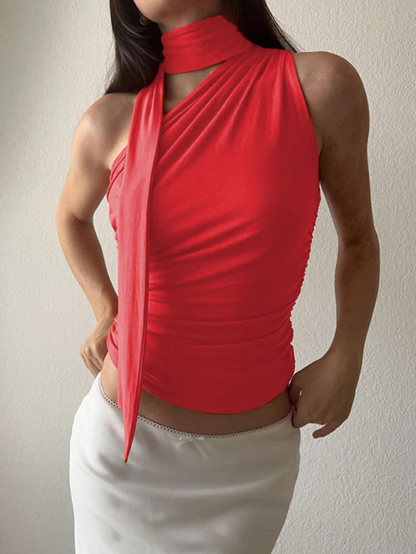 all-match slim-fit one-shoulder streamer design solid color sleeveless vest top kakaclo