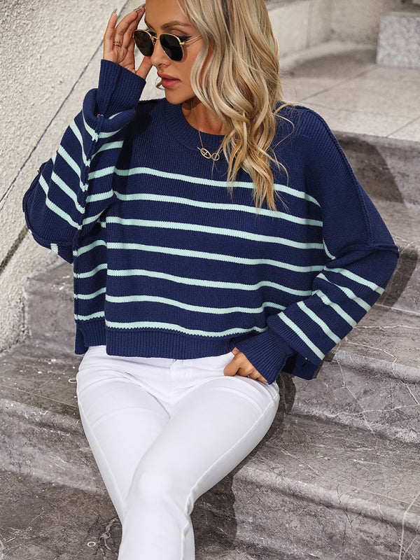 Blue Zone Planet | round neck knitted sweater loose pullover striped sweater kakaclo