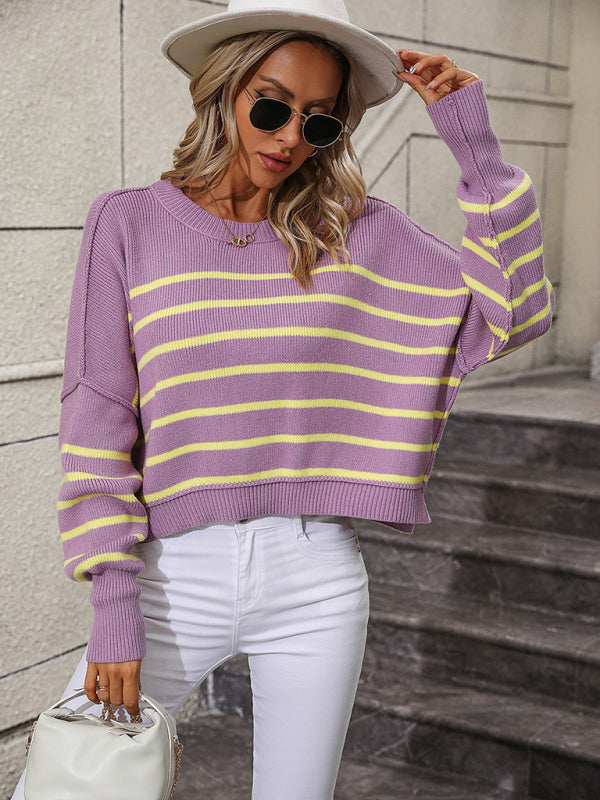 Blue Zone Planet | round neck knitted sweater loose pullover striped sweater kakaclo