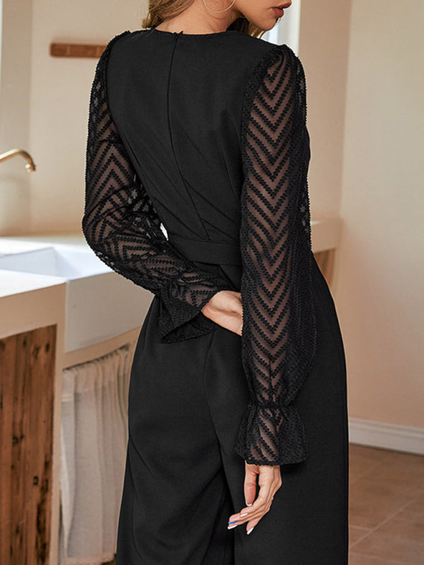 Black Stitching See-Through Slim Elegant Jumpsuit kakaclo