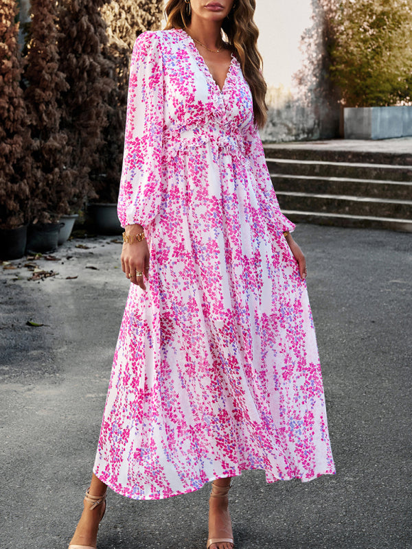 Women's Fashion V Neck Long Sleeves Elegant Chiffon Dress BLUE ZONE PLANET
